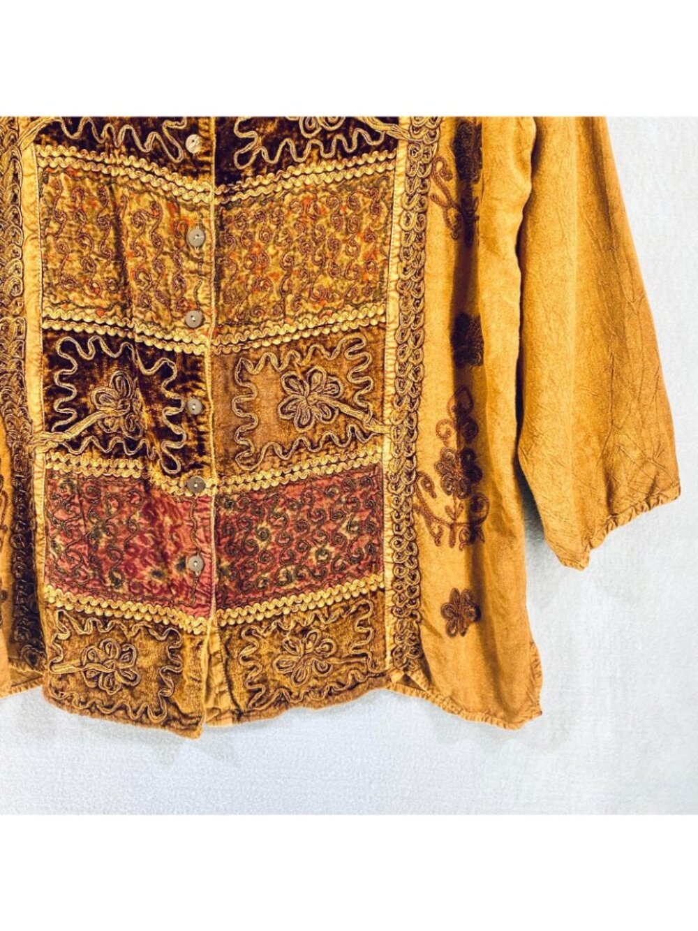 Vintage y2k Top Womens L Orange Floral Embroidered Patchwork Blouse Boho Velvet - Picture 2 of 12